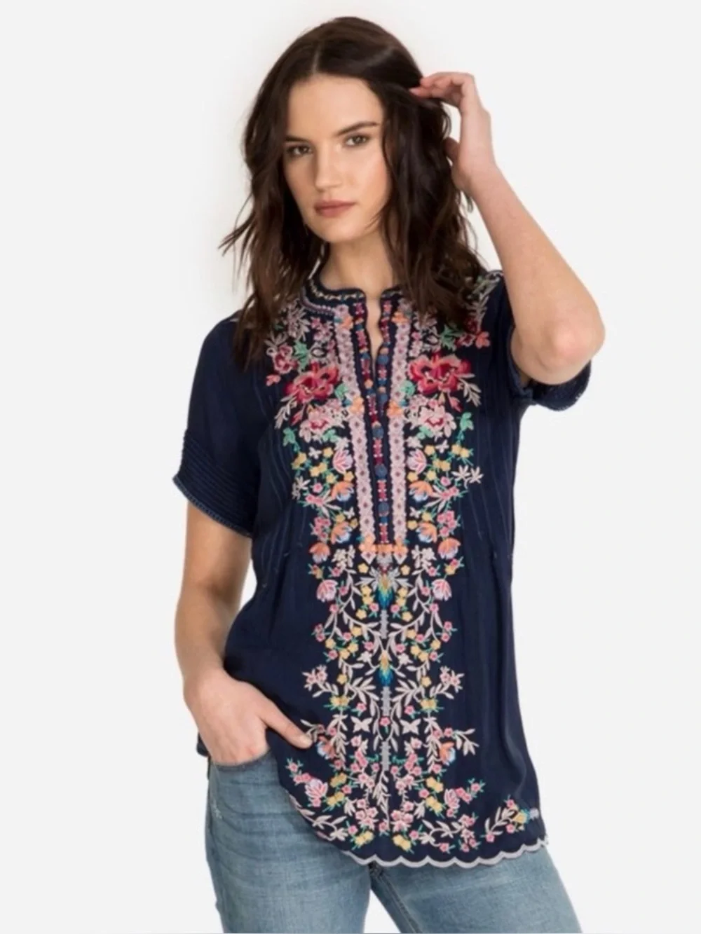 JOHNNY WAS RAINA FLORAL EMBROIDERY PINTUCKED TOP - Picture 10 of 16